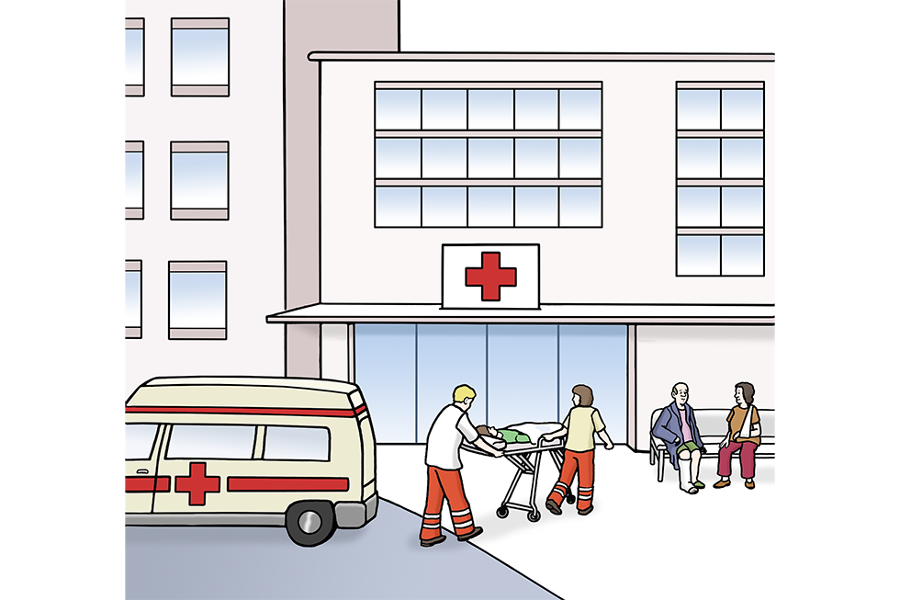 Reha-Klinik (oder Kranken-Haus) - (Quelle: Lebenshilfe für Menschen mit geistiger Behinderung Bremen e.V., Illustrator Stefan Albers, Atelier Fleetinsel, 2013)